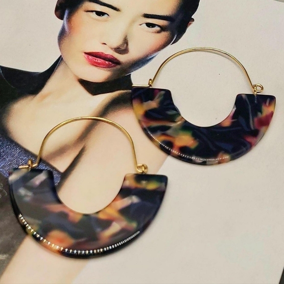 NWT Retro Blue Tortoise Shell Half Moon Gold Drop Earrings - Picture 11 of 13